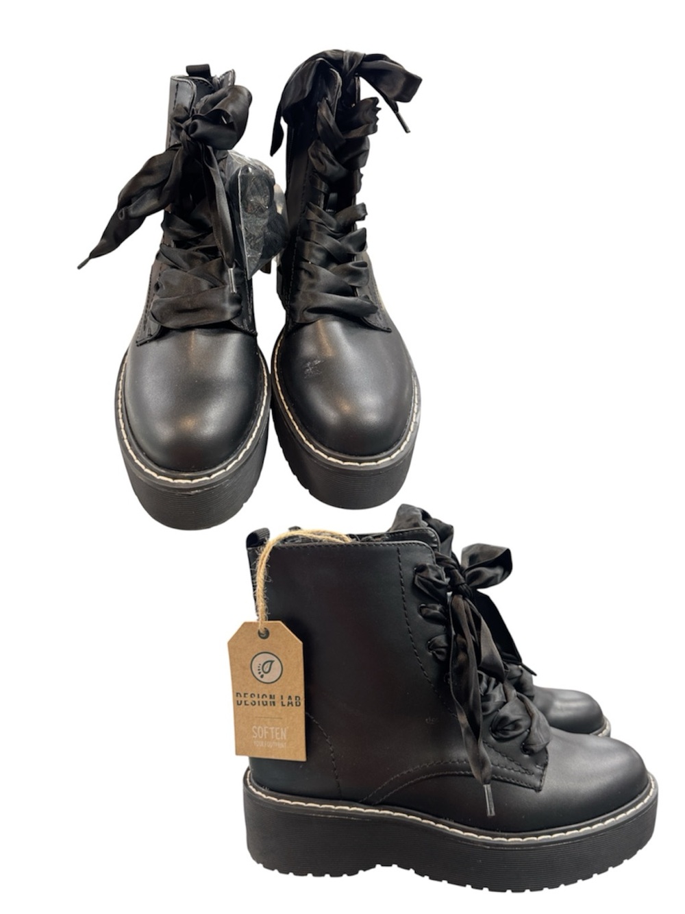 Design Lab Lord & Taylor Black Satin Lace-Up Platform Ankle Boots